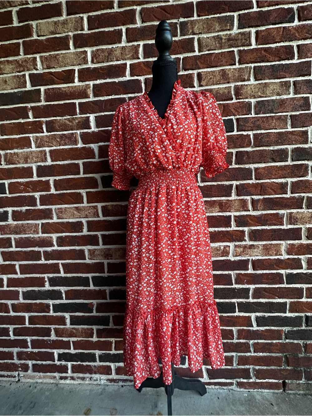 Red Floral Maxi Dress with Smocked Waist and Puff Sleeves